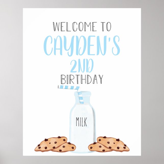 Affiche de bienvenue d'anniversaire Bleu Lait et C (Devant)