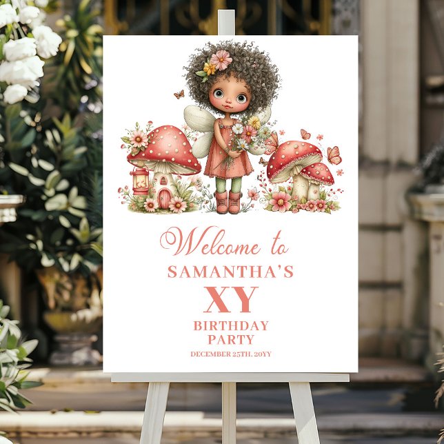 Affiche de bienvenue d'anniversaire rose avec fée  (Magical Fairy Blush Pink Birthday Welcome Poster)