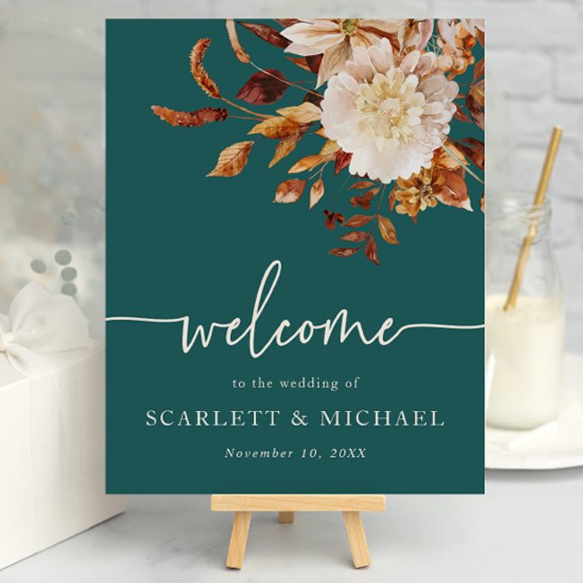 Affiche de bienvenue d'automne rustique (Rustic Fall Watercolor Floral Welcome Sign Poster by Painted Paperie
)