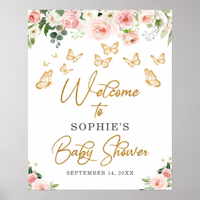 Affiche de bienvenue de Baby shower à papillon en  (Devant)