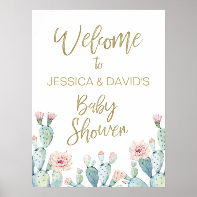 Affiche de bienvenue de Baby shower de cactus à fl (Devant)