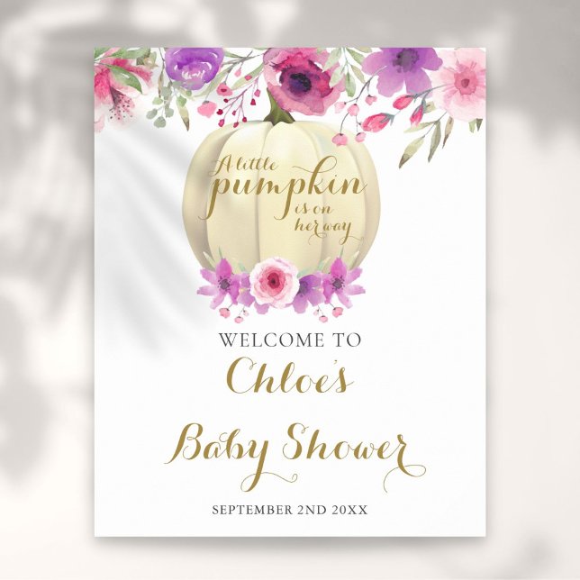 Affiche de bienvenue de Baby shower de fille rose  (Floral Pumpkin Pink Girl Baby Shower Welcome Sign)