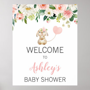 Affiche de bienvenue de Baby shower de lapin rose