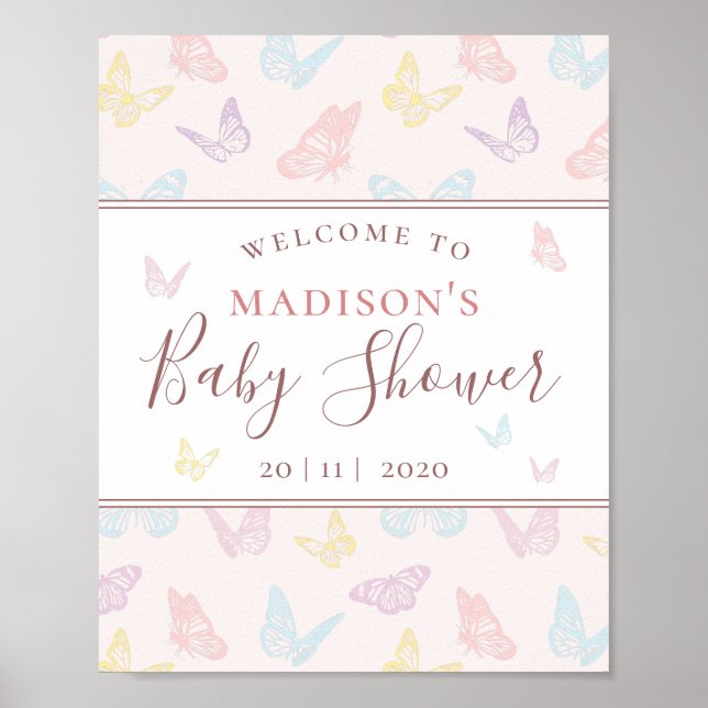 Affiche de bienvenue de Baby shower de papillon ro (Devant)
