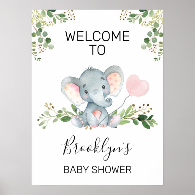 Affiche de bienvenue de Baby shower d'éléphant ros (Devant)