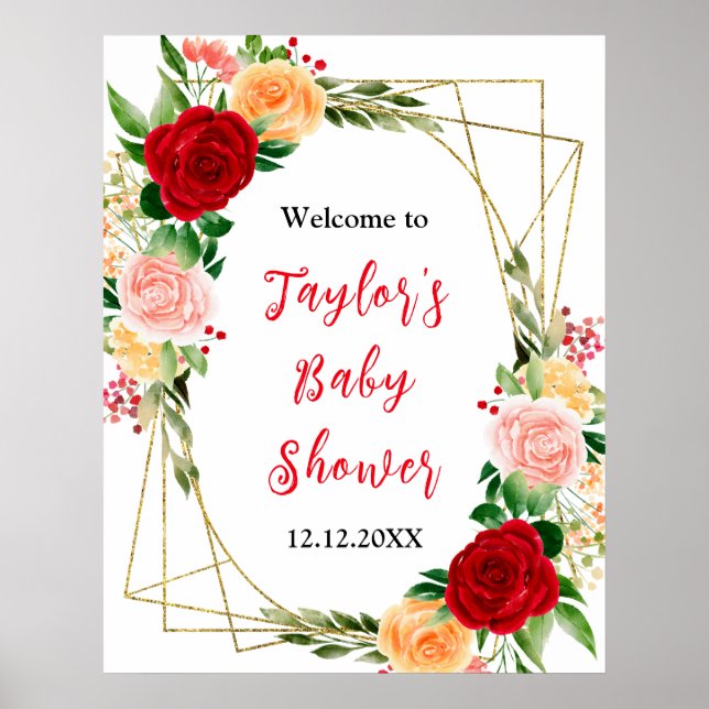 Affiche de bienvenue de Baby shower floral Rose ro (Devant)