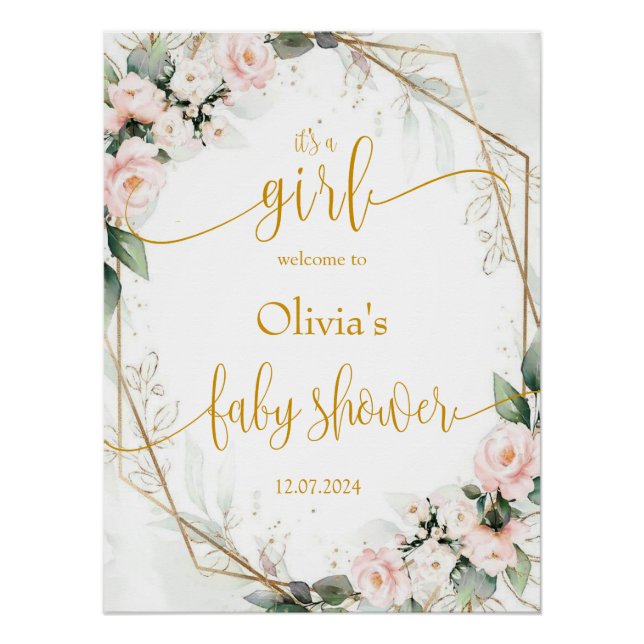 Affiche de bienvenue de Baby shower rose et or (Devant)
