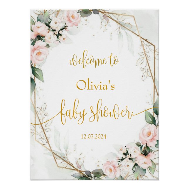 Affiche de bienvenue de Baby shower rose et or (Devant)