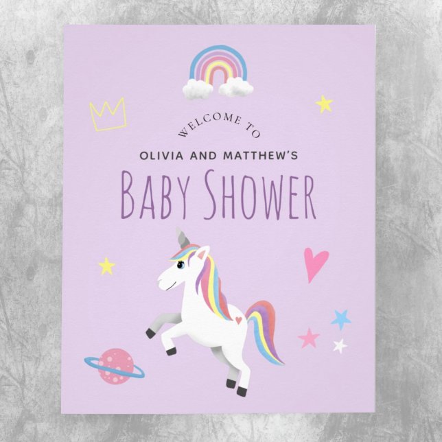Affiche de bienvenue de Baby shower Unicorne viole (Créateur téléchargé)