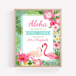 Affiche de bienvenue de Fête des mariées de Flaman<br><div class="desc">Panneau de bienvenue de la douche nuptiale mariage avec deux jolis flamants roses avec un cadre luxuriant de feuilles de palmiers verts et fleurs d'hibiscus tropicaux dans les tons rose chaud, jaune soleil et blanc. Le texte élégant Aloha avec titre de bannière bleu aqua peut être entièrement personnalisé pour votre...</div>