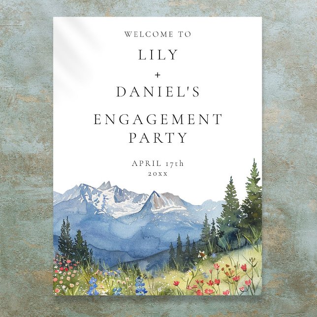 Affiche de bienvenue de la partie d'engagement de  (Watercolor Mountain Engagement Party Welcome Sign)