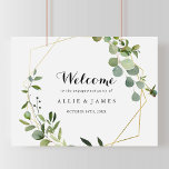 Affiche de bienvenue de la partie d'engagement géo<br><div class="desc">Ce panneau d'accueil de fête vert or géométrique est parfait pour une simple célébration fiançailles. Le design présente de beaux feuilles verts peints à la main, ornant un cadre géométrique doré. Faites de cette affiche votre propre en ajoutant le nom de la mariée et du marié, ainsi que la date...</div>