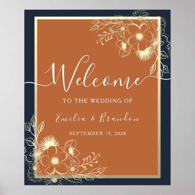 Affiche de bienvenue de mariage à fleurs dorées (Devant)