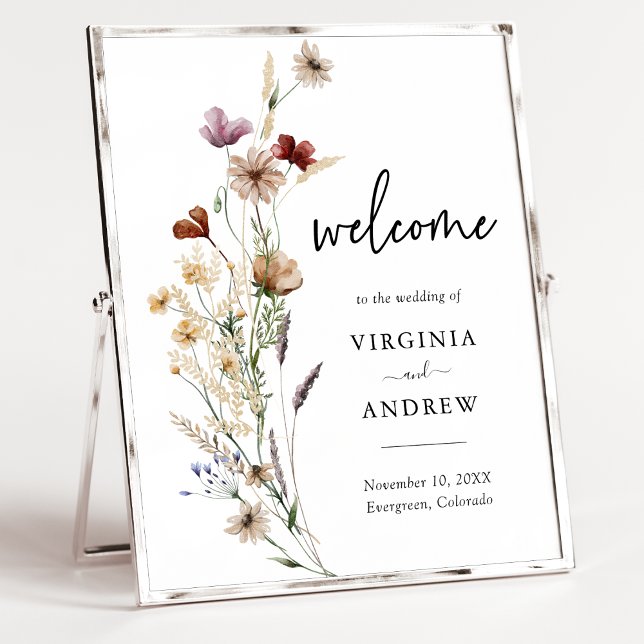Affiche de bienvenue de mariage aux fleurs sauvage (Elegant Boho White Wildflower Welcome Wedding Poster by Painted Paperie
)