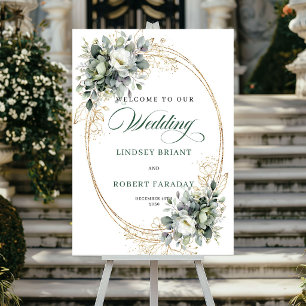 Affiche de bienvenue de mariage aux roses blanches