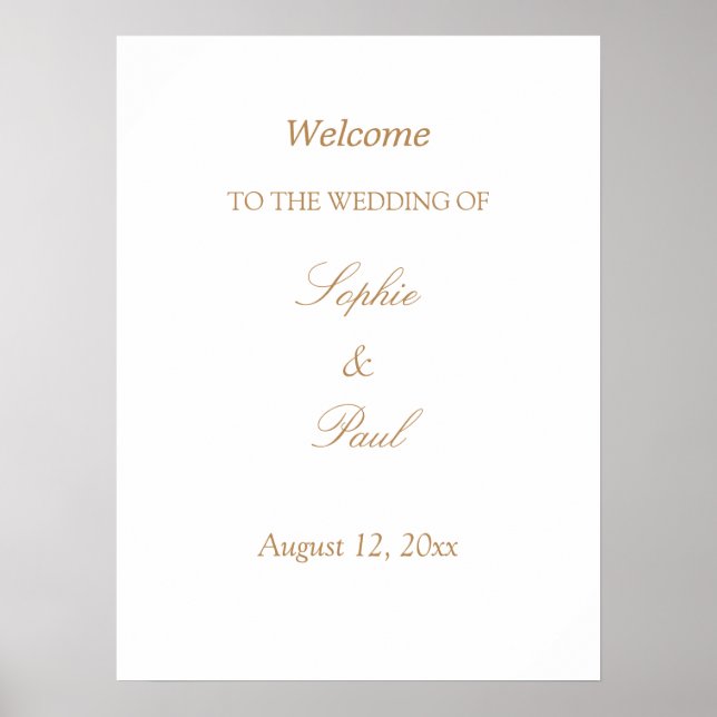 Affiche de bienvenue de mariage beige doré blanc (Devant)