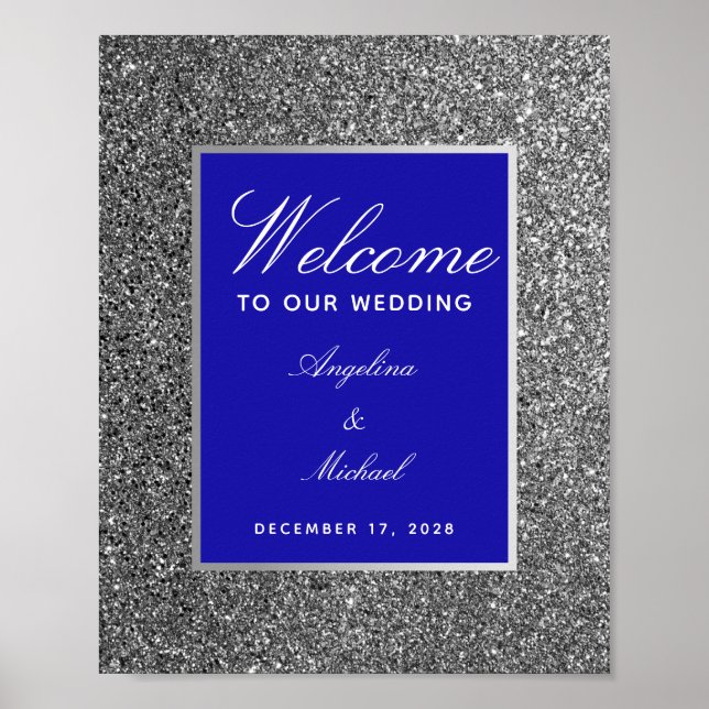 Affiche de bienvenue de mariage bleu royal argenté (Devant)