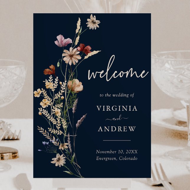 Affiche de bienvenue de mariage floral boho bleu m (Navy Blue Boho Floral Welcome Sign Wedding Poster by Painted Paperie
)