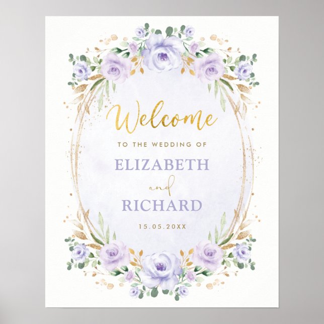 Affiche de bienvenue de mariage floral or élégant  (Devant)