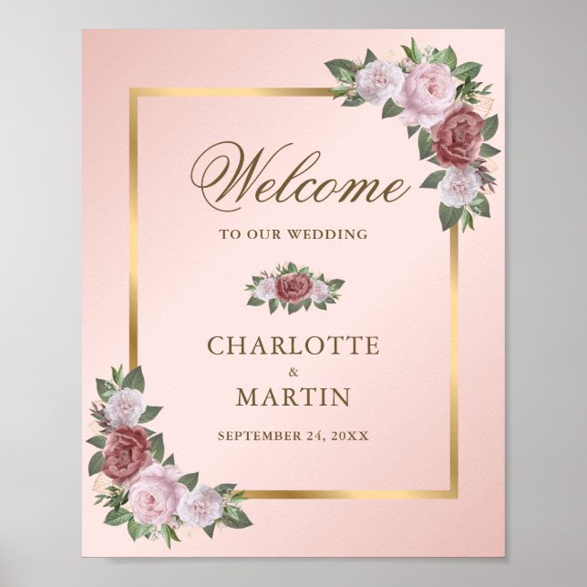 Affiche de bienvenue de Mariage floral rose vif (Devant)