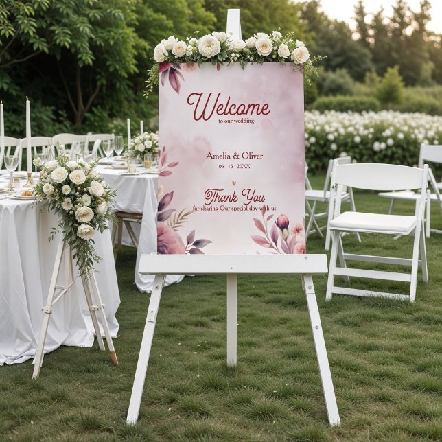 Affiche de bienvenue de mariage – Panneau floral r (Wedding Welcome Poster – Blush Floral Pink Sign)