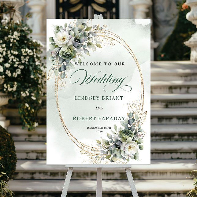 Affiche de bienvenue de mariage romantique à la ve (Romantic Greenery Gold Wedding Welcome Poster)