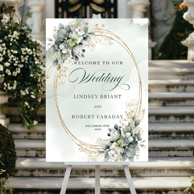 Affiche de bienvenue de mariage romantique verdure (Romantic Greenery Gold Wedding Welcome Poster)