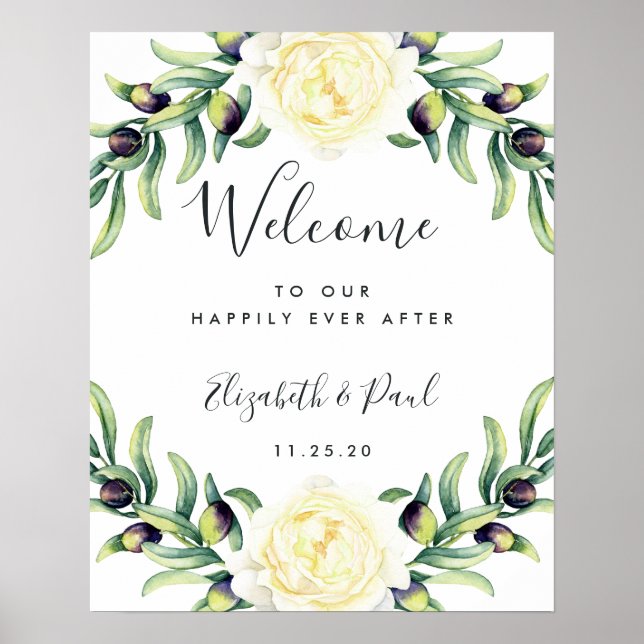 Affiche de bienvenue de mariage Roses et Olives (Devant)