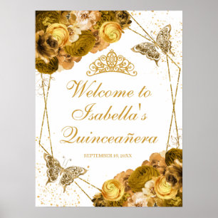 Affiche de bienvenue de Quinceanera Florale Or