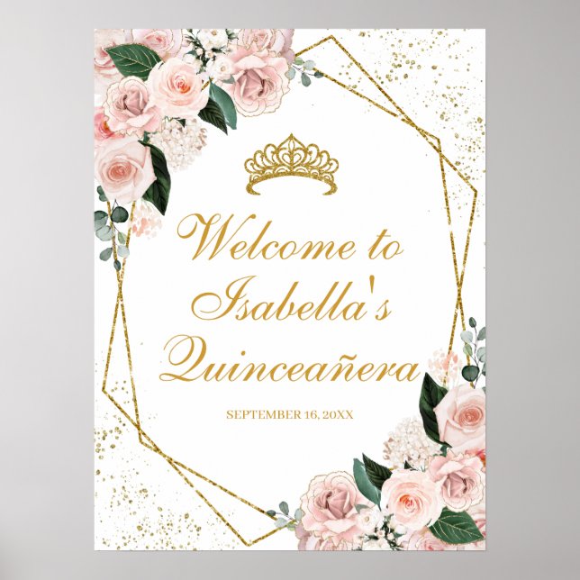 Affiche de bienvenue de Quinceanera florale rose p (Devant)