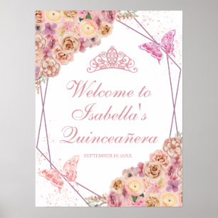 Affiche de bienvenue de Quinceanera florale rose p