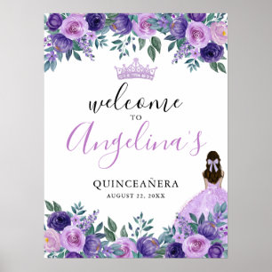 Affiche de bienvenue de Quinceanera florale violet