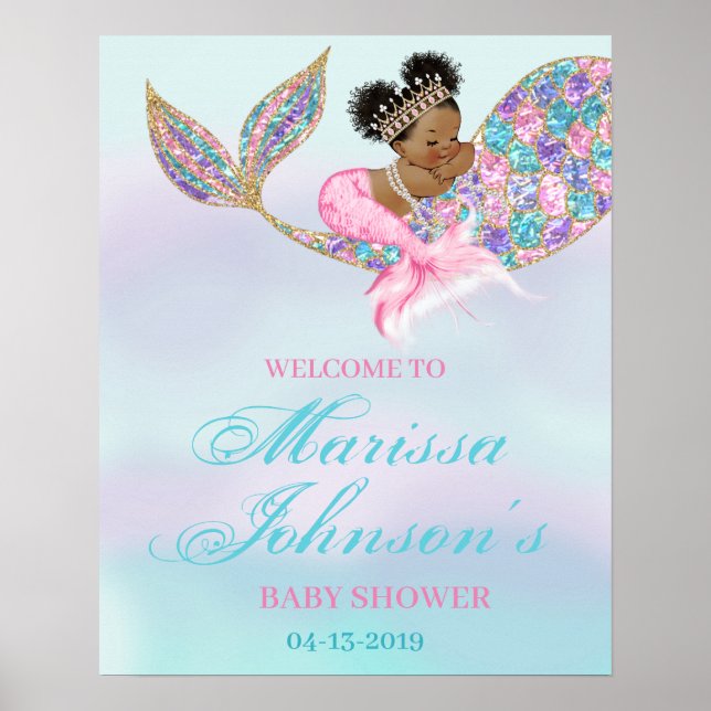 Affiche de bienvenue de sirène Baby shower afro-am (Devant)