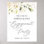 Affiche de bienvenue de White Roses Engagement Par<br><div class="desc">Poster d'accueil de la fête d'engagement de la partie Roses blanches,  Vert et Or. Le texte "Engagement Party" est écrit dans le style calligraphie moderne. En haut,  un confetti à effet doré et verdâtre.</div>