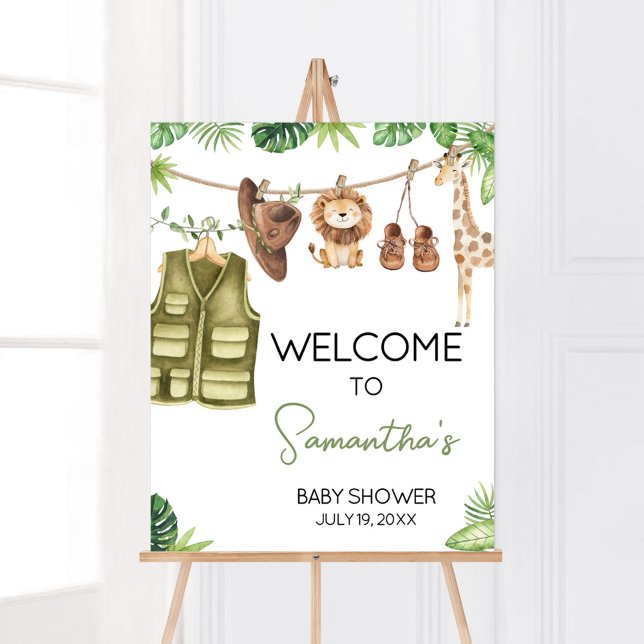Affiche de bienvenue des animaux de la jungle trop (Tropical Safari Jungle Animals Clothesline Baby Shower Welcome Sign)