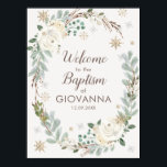 Affiche de bienvenue du baptême floral d'hiver<br><div class="desc">Symbole de bienvenue baptisé avec des flocons de neige floraux,  dorés et argentés d'hiver et des feuilles.</div>