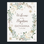 Affiche de bienvenue du baptême floral d'hiver<br><div class="desc">Symbole de bienvenue baptisé avec des flocons de neige floraux,  dorés et argentés d'hiver et des feuilles.</div>