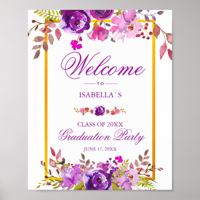 Affiche de bienvenue | Élégant Chic Gold Purple Fl (Devant)
