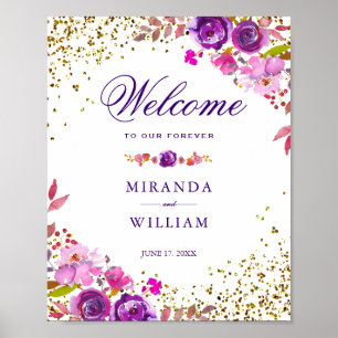 Affiche de bienvenue   Élégant Chic Gold Purple Fl