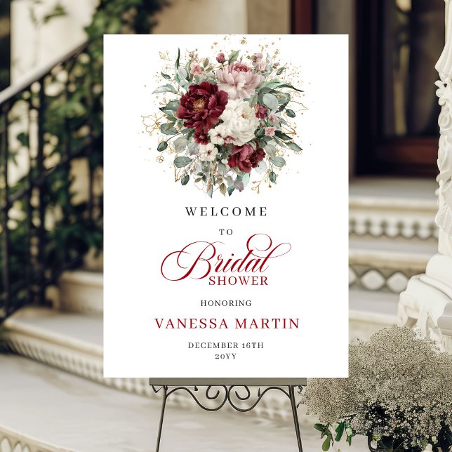 Affiche de bienvenue Fleurs Bourgogne Bohème Verdu (Boho Burgundy Flowers Greenery Gold Welcome Poster)