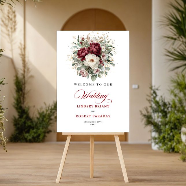 Affiche de bienvenue fleurs verdure or burgundy do (Soft Burgundy Flowers Greenery Gold Welcome Poster)