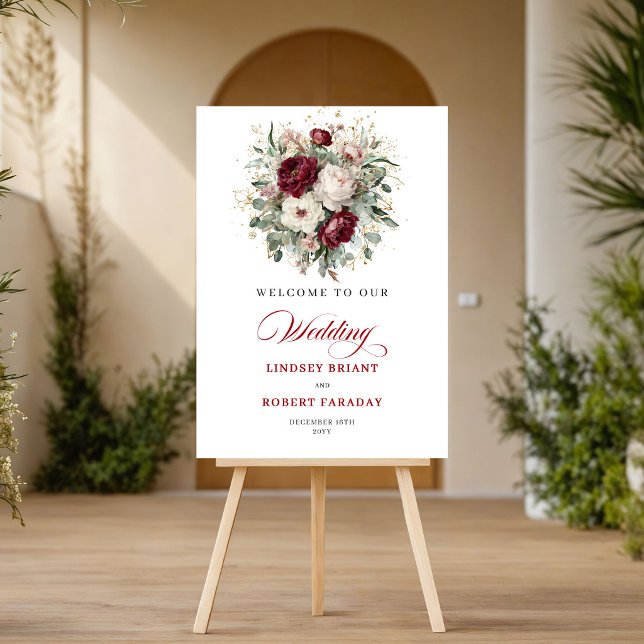 Affiche de bienvenue florale bordeaux moderne Roma (Modern Romance Burgundy Floral Gold Welcome Poster)