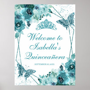 Affiche de bienvenue florale turquoise Quinceanera