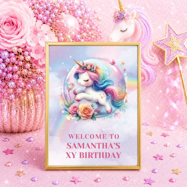 Affiche de bienvenue Licorne Rose Violet Rêveuse F (Dreamy Unicorn Pink Purple Girl Welcome Poster)