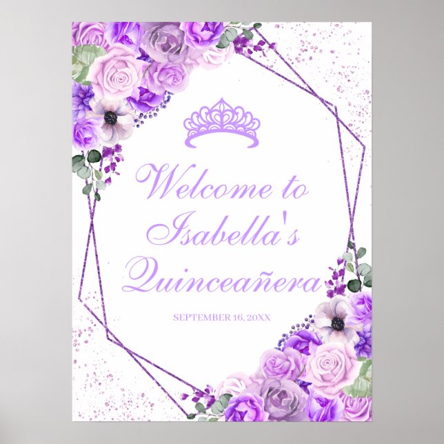 Affiche de bienvenue Lilac Floral Quinceanera (Devant)