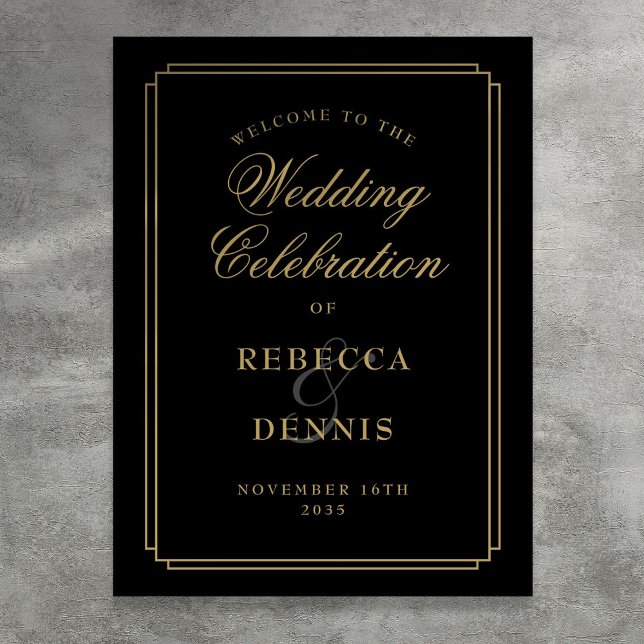 Affiche de bienvenue Mariage Art Déco Noir Et Or (Black And Gold Art Deco Wedding Welcome Sign)