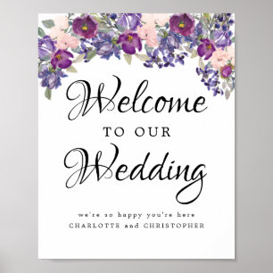 Affiche de bienvenue mariage aux fleurs violettes 