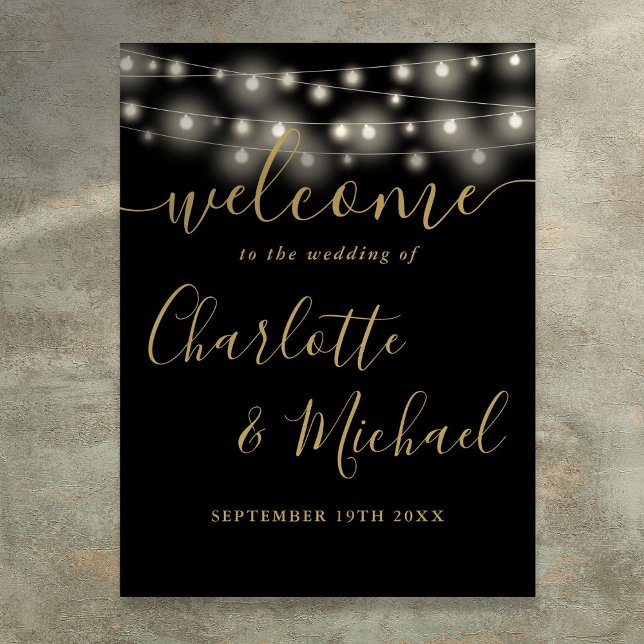 Affiche de bienvenue Mariage Black And Gold (Black And Gold String Lights Wedding Welcome Sign)