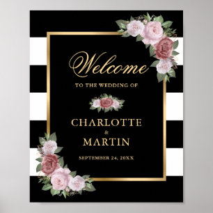 Affiche de bienvenue Mariage Black White Gold Flor