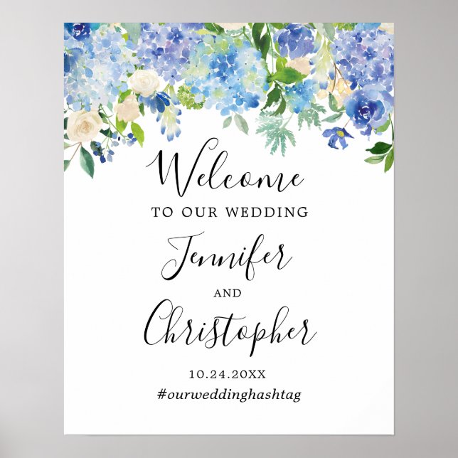 Affiche de bienvenue Mariage bleu aquarelle (Devant)